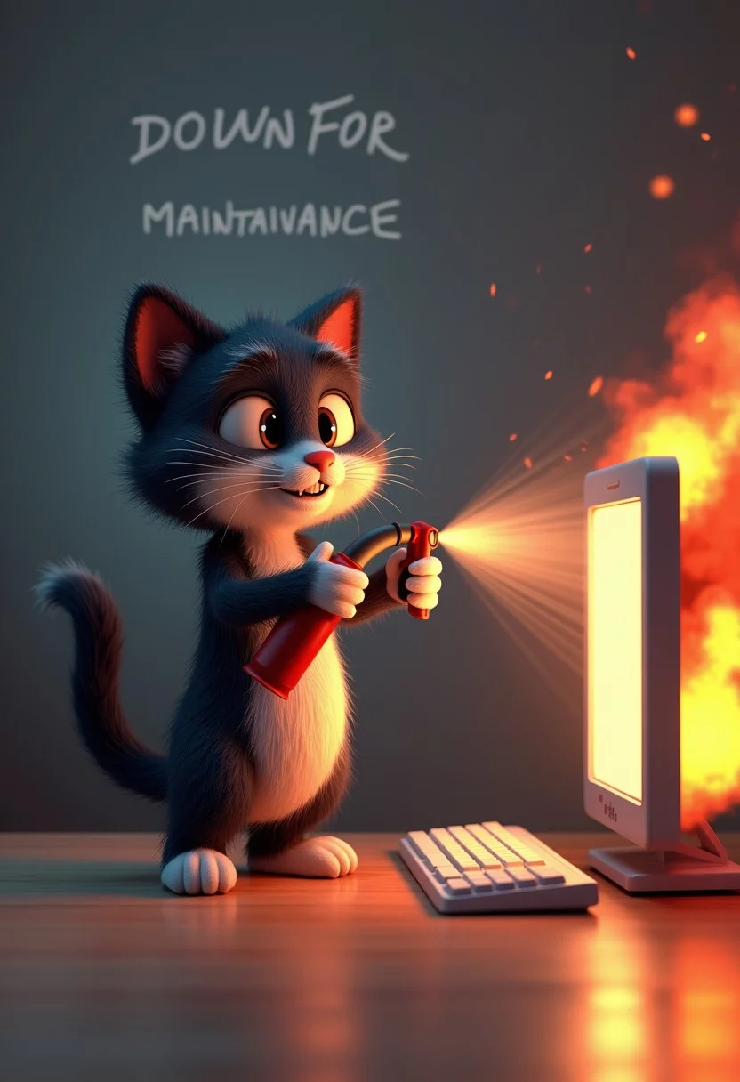 3d rendered cartoon far black and white colored cat, spraying computer with fire extinguisher, computer on fire, words "down for" above image, words "maintenance" below image,