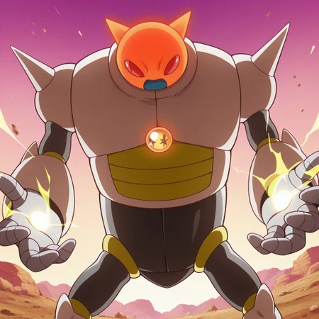 masterpiece, best quality, amazing quality, official style, t4m4gamithree, male, solo, robot-like, grey body, red eyes, horns, spikes on shoulders, 3 fingers, holes in palms, beige armor, two-tone armor, three-star dragon ball, dragon ball in chest, red glow, glowing, angry, open mouth, charging energy, outdoors, dirt