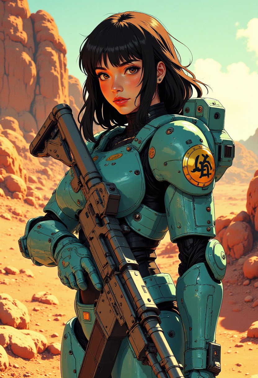 Japanese female sci-fi space marine, long hair, bangs, teal power armour with gold heraldry, holding an assualt rifle, dusty arid terrain, silhouetted, chiascuro, directional lighting, j_art
