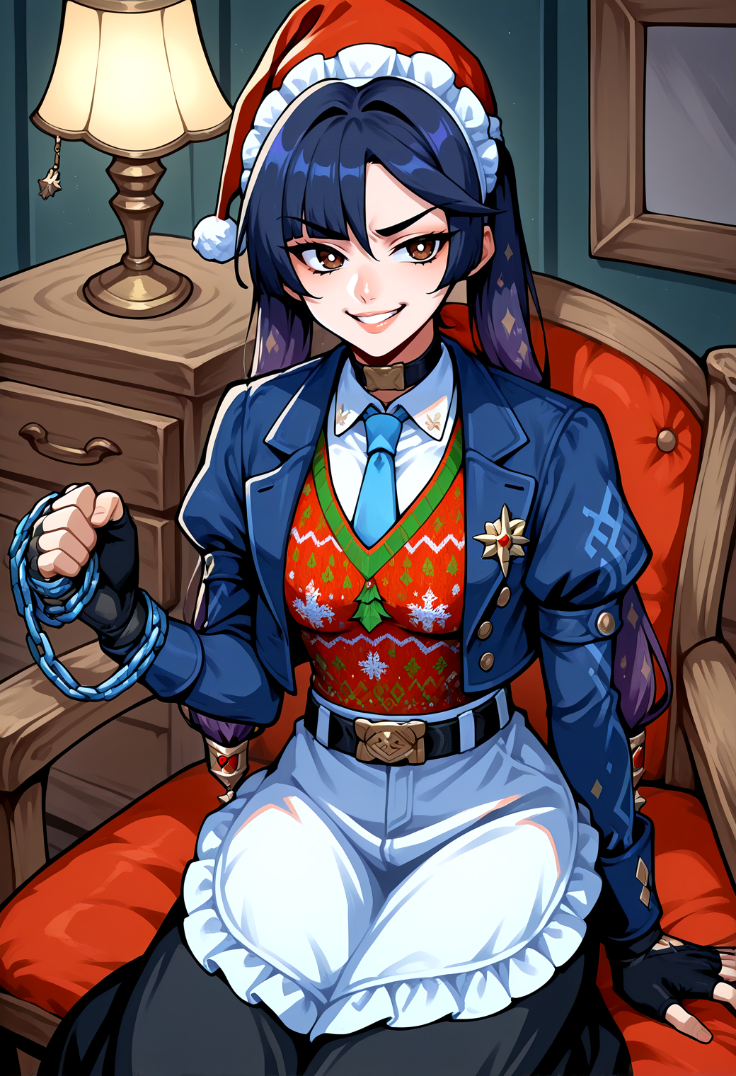 IllustriousQual <lora:StS-Illustrious-Detail-Slider-v1.0:2> <lora:cfg_scale_boost:0.3> <lora:Nog_Ops_IL_V1:0.7> NogOpsIL, santa hat, black hair, braid, brown eyes, dark skin, fingerless gloves, sweater, christmas sweater, red clothing, white clothing, snowflake print, belt, denim, thigh strap, knee guard, boots,detailed_background,indoors,frilled hairband,looking at another,double-breasted,title,open clothes,hair intakes,blunt bangs,sitting,waistcoat,pink lips,highres,white mouth,clenched hand,alternate costume,parted lips,black choker,blue eyes,from above,white apron,twintails,puffy sleeves,cover,jacket,white hairband,open jacket,long skirt,v-shaped eyebrows,solreiru,lamp,hairband,formal clothes,apron,suit,third-party source,choker,smile,black skirt,alternate hairstyle,chain leash,mona \(genshin impact\),white shirt,arm at side,1boy,holding leash,shirt,drawer,buttons,juliet sleeves,skirt,aqua eyes,frills,purple hair,suit jacket,bright pupils,lapels,chain,open hand,chair,long hair,frilled apron,swept bangs,sanpaku,vase,blue jacket,necktie,white sleeve cuffs,white pupils,girl on top,leash,vest,maid,blunt ends,collared shirt,hair between eyes,maid headdress,contemporary,black sleeves,scaramouche \(genshin impact\),blue necktie,blue sleeves,holding