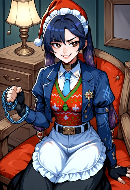 IllustriousQual <lora:StS-Illustrious-Detail-Slider-v1.0:2> <lora:cfg_scale_boost:0.3> <lora:Nog_Ops_IL_V1:0.7> NogOpsIL, santa hat, black hair, braid, brown eyes, dark skin, fingerless gloves, sweater, christmas sweater, red clothing, white clothing, snowflake print, belt, denim, thigh strap, knee guard, boots,detailed_background,indoors,frilled hairband,looking at another,double-breasted,title,open clothes,hair intakes,blunt bangs,sitting,waistcoat,pink lips,highres,white mouth,clenched hand,alternate costume,parted lips,black choker,blue eyes,from above,white apron,twintails,puffy sleeves,cover,jacket,white hairband,open jacket,long skirt,v-shaped eyebrows,solreiru,lamp,hairband,formal clothes,apron,suit,third-party source,choker,smile,black skirt,alternate hairstyle,chain leash,mona \(genshin impact\),white shirt,arm at side,1boy,holding leash,shirt,drawer,buttons,juliet sleeves,skirt,aqua eyes,frills,purple hair,suit jacket,bright pupils,lapels,chain,open hand,chair,long hair,frilled apron,swept bangs,sanpaku,vase,blue jacket,necktie,white sleeve cuffs,white pupils,girl on top,leash,vest,maid,blunt ends,collared shirt,hair between eyes,maid headdress,contemporary,black sleeves,scaramouche \(genshin impact\),blue necktie,blue sleeves,holding