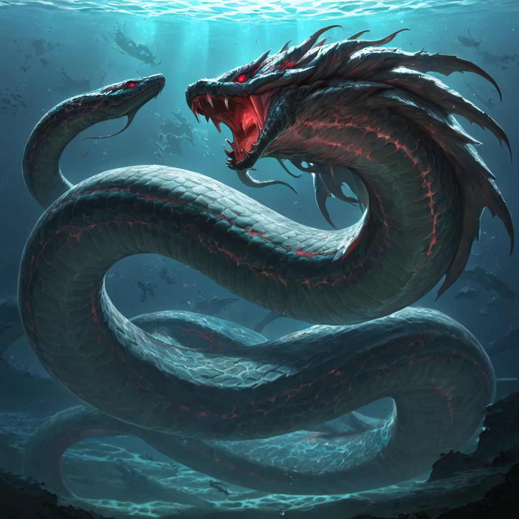 masterpiece, best quality, newest, absurdres, highres, AQDRV1.0, dragon, underwater, ocean, snake, serpent, monster, no humans, glowing eyes, red eyes,