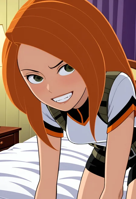 kim, navel, midriff, small breasts, orange hair,
New mission outfit,
solo, short, athletic, blushing, expressiveh, close up view down shirt, bent over, chest focus view, bedroom,
bedroom, on bed, naughty look, grin