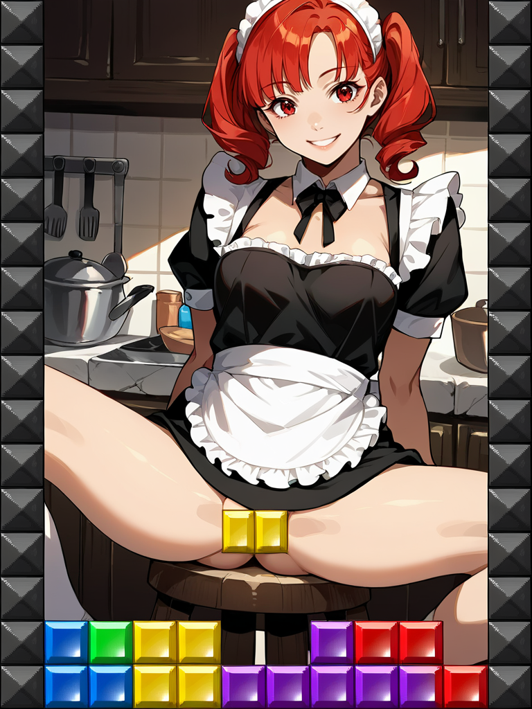score_9,score_8_up,score_7_up,source_anime,rating_questionable,detailed face,higres illustration,1girl,<lora:tetris_censoring:1>,tetris,convenient censoring,smile,spread legs,maid,kitchen,stool,red hair,