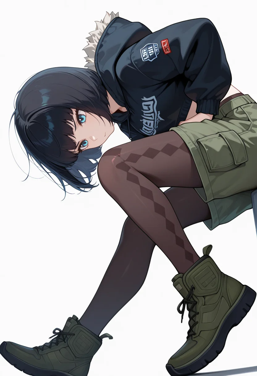 masterpiece,high quality details, absurdres,
<lora:Sara_Takahashi:0.8>
sara_cnr,1girl, black hair, bob cut, short hair, bangs, blue eyes,, simple background, white background, dynamic angle,solo,, sulking,envy,, legs dangling,one foot on tiptoe,seated with knees drawn up,, parka ,cropped shirt,cargo pants, ,argyle legwear pantyhose,