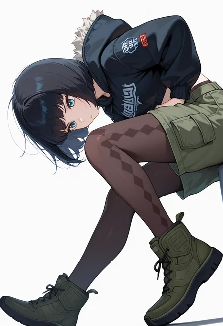 masterpiece,high quality details, absurdres,
<lora:Sara_Takahashi:0.8>
sara_cnr,1girl, black hair, bob cut, short hair, bangs, blue eyes,, simple background, white background, dynamic angle,solo,, sulking,envy,, legs dangling,one foot on tiptoe,seated with knees drawn up,, parka ,cropped shirt,cargo pants, ,argyle legwear pantyhose,