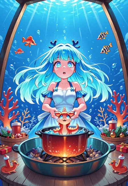 sarah, long hair, blue eyes, blue hair, Seahorses humanoid, christmas animals, cooking, underwater, glowing corals, festive ambiance, bioluminescence, holiday theme, detailed, d2j3m0x