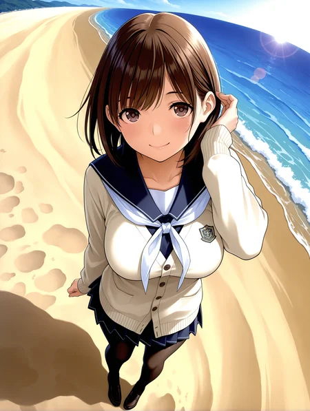 masterpiece,best quality,amazing quality,
1boy,solo,
<lora:anegasaki_nene_ilxl_v1:1>,nene,brown hair,brown eyes,big breasts,
n_c_clothes,milky white cardigan,neckerchief,pleated skirt,black_pantyhose,loafers,
<lora:Fixhands_anime_bdsqlsz_V1:1>,ocean,sand beach,sun,portrait,front view,lens_flare,fisheye,smile,legs_together,standing,