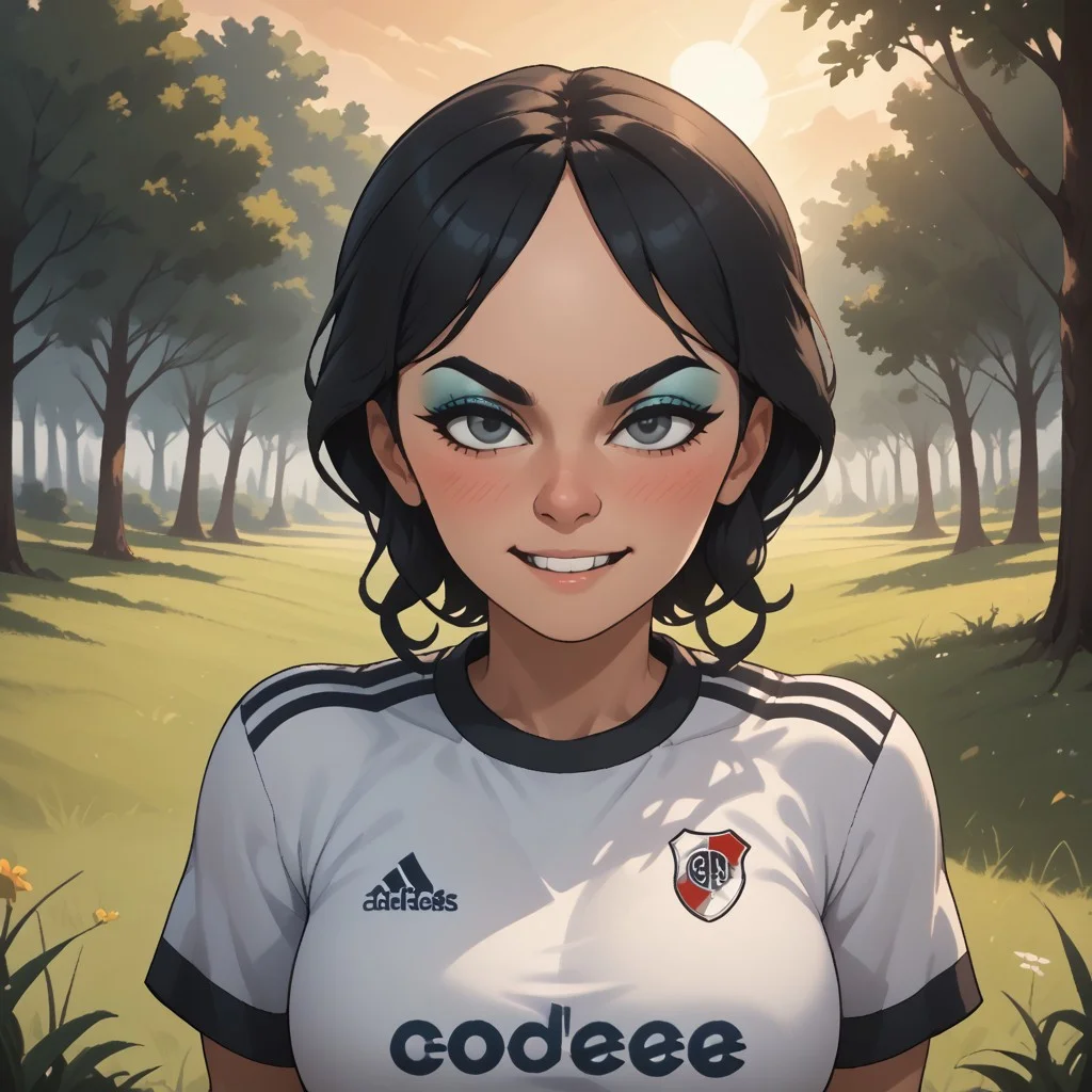 score_9, score_8, BREAK, solo, mii, wii, black hair, big nose, half-tree shaped nose, gray eyes, black eyebrows, makeup, blue eyeshadow, blush, buck tooth, RiverPlate, striped shirt, striped, shirt, white shirt, short sleeves, clothes writing, sportswear, soccer uniform, black leggings, big breasts, 1girl, wii sports, female mii, shoes, Eva_(\Wii_Sports\), Nintendo Mii, modern_mii, classic_mii, attractive, sexy pose, self portrait, smile, outdoors, sunlight, shadows, evening lighting, natural lighting, forest, trees, grass, orange sky, sunset