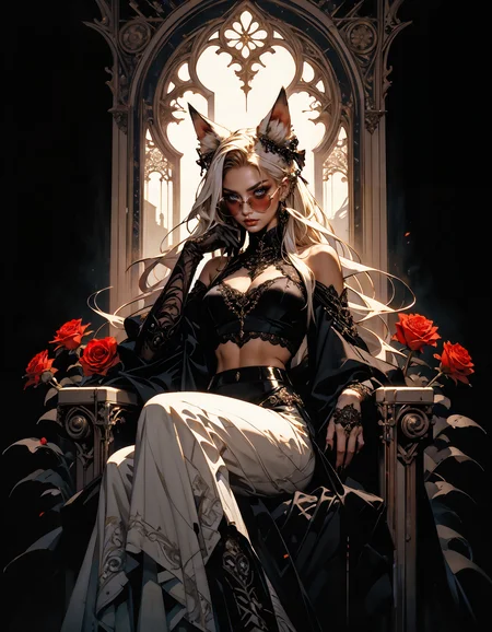 score_9, score_8_up, score_7_up, score_6_up, score_5_up, score_4_up,  1girl, gorgeous, sitting on a throne of roses, white hair, long hair, full body shot, from above, opulent, midriff, soft lighting, limited palette, shades of red, red roses all over the background, red eyes, large breast, ((white fox ears)), long lace dress  <lora:Expressive_H-000001:0.6>, expressiveH <lora:g0th1cPXL:0.4> <lora:incase_style_v3-1_ponyxl_ilff:0.3> <lora:sinfully_stylish_SDXL:0.4>