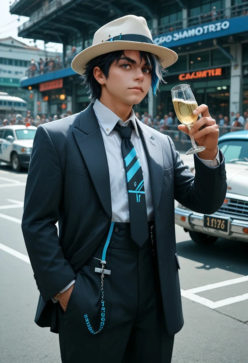 score_9, score_8_up, score_7_up, source_anime, takuto_dwno, black hair, multicolored hair, gray eyes, blue highlights, hat, necktie, z00t, zoot suit, charcuterie, drinking champagne, cowboy shot, digital world, digital, science fiction, freebos_smoothiestyle