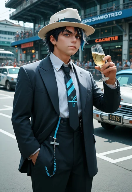 score_9, score_8_up, score_7_up, source_anime, takuto_dwno, black hair, multicolored hair, gray eyes, blue highlights, hat, necktie, z00t, zoot suit, charcuterie, drinking champagne, cowboy shot, digital world, digital, science fiction, freebos_smoothiestyle
