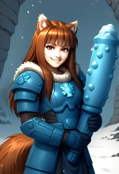 score_9, score_8_up, score_7_up, masterpiece, perfecteyes, holo, brown hair,long hair,red eyes, wolf girl,wolf ear,wolf tail, solo, , looking at the viewer, detailed background, wearing power armor, spcwlf, 3/4 angle, proud smile, a bltgun bolter weapon, holding a bolter weapon in lift arm, ice, snow, icy cavern, outdoors, fur cloak, holo in spcwlf armor holding a bolter weapon