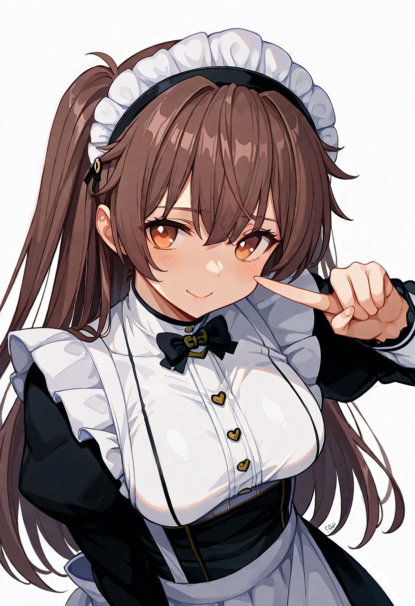 score_9, score_8_up, score_7_up, score_6_up, source_anime. zPDXL3, 1girl, solo,  looking at viewer, smile, pointing at viewer, Maria, Claire maid outfit, Claire maid headdress, simple background