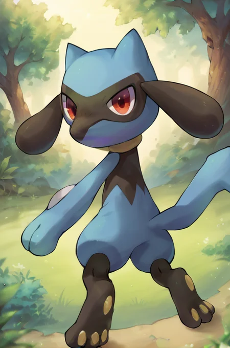 solo, 1boy, male, riolu, BREAK outdoors, forest, trees, grass, colorful, looking at viewer, front-side view, BREAK ((ultra-detailed)), ((best quality)), ((best quality)), ((beautiful eyes)), ((extremely detailed)), 4K, (8K), best quality, (beautiful), Master piece, highres, score_9, score_8_up, score_7_up, score_6_up, score_5_up, score_4_up, colorful, best quality, official art, highres, masterpiece, nai3, god light, detailed background, high quality background, very aesthetic, absurdres, <lora:Riolu_Pokemon_Series:1> <lora:detailed_backgrounds_v2:1>