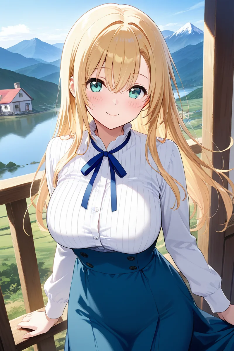 1girl, long hair, large breasts, looking at viewer, blush, smile, bangs, skirt, blonde hair, shirt, long sleeves, ribbon, hair between eyes, green eyes, white shirt, pinstripe shirt, solo focus, aqua eyes, (blue skirt), blue ribbon, (long skirt), house, outdoor, mountain, lake, standing, cowboy shot, high-waist skirt, <lora:Primula_Mallow_AOITS_ill:1>