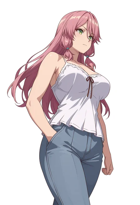 Smooth Quality,masterpiece,very intricate, high quality details, ultra realistic, high detailed skin,detailed enviorement,absurdres,
simple background, white background,
from below,determined,walking, one hand in pocket, looking aside, casual, confident,  ,
pleated pants,  ,tank top, camisole, ,blouse, , <lora:Jioral_Flare_Arlgrande_cnn:0.8>flarecnn,1girl, long hair, hair between eyes,green eyes, pink hair, large breasts,