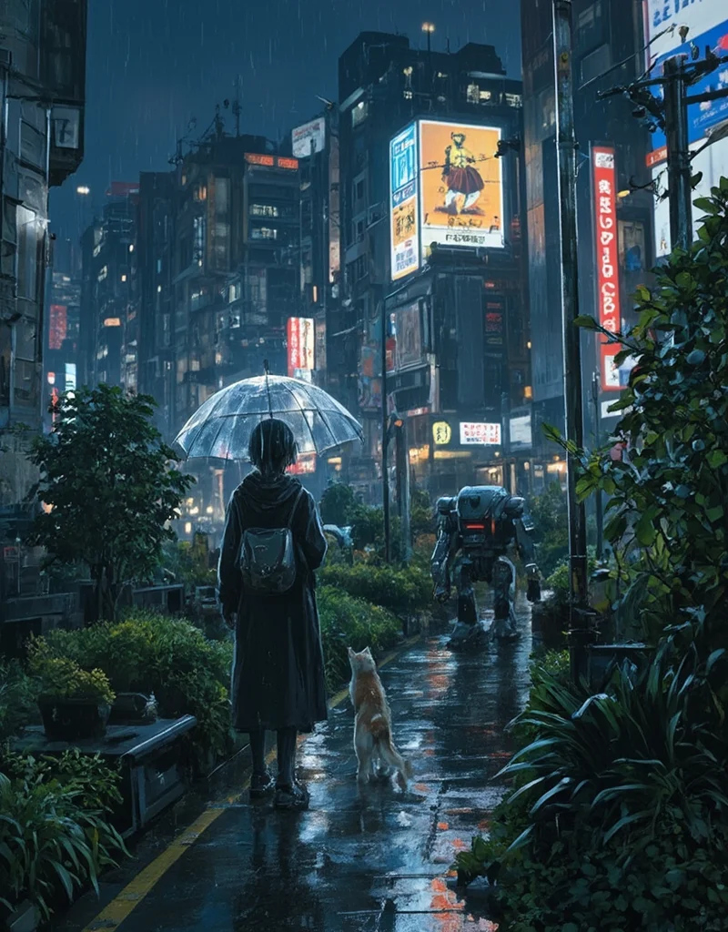 <lora:citybkgv2:1> citybkg, night, ambiance, detailed, very narrow walkway, billboards on buildings, japan, futuristic, street marking, from ground view, city lights, high buildings, vegetation, signs, vegetation, wet, rain, 18yo girl with a transparent umbrella, from side, cats, old robot,