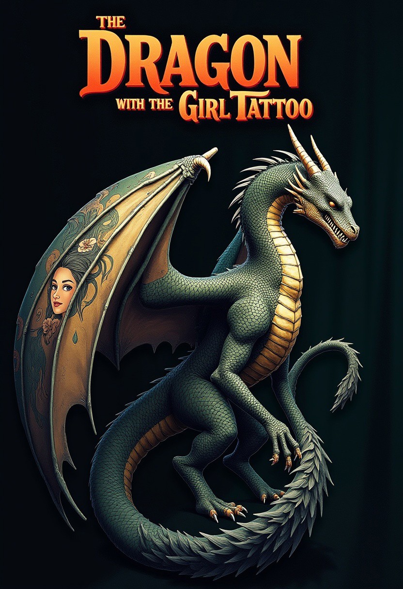 Generate a detailed movie poster for "The Dragon with the Girl Tattoo." The poster should feature a dragon with an intricately detailed tattoo of a woman's face on its left wing viewed from the back. The dragon is the main focal point, with its wings spread wide. 