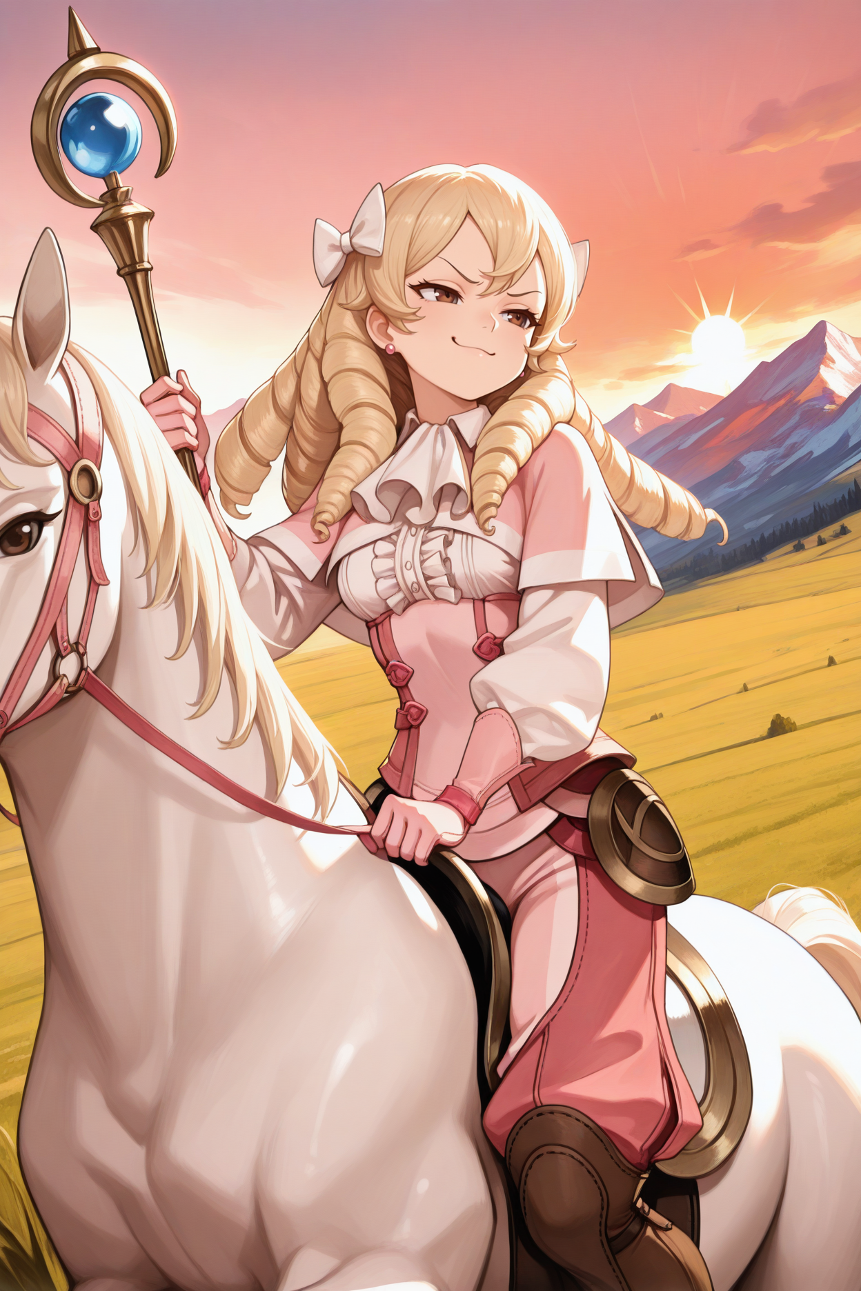 masterpiece, best quality, 1girl, solo, <lora:femaribelle-illu-nvwls-v1-000006:1> mribl, blonde hair, ringlets, long hair, brown eyes, earrings, pink capelet, white ascot, pink shirt, center frills, pink pants, baggy pants, pink gloves, white sleeves, brown boots, riding white horse, horseback riding, holding staff, smug, field, mountains, sunset