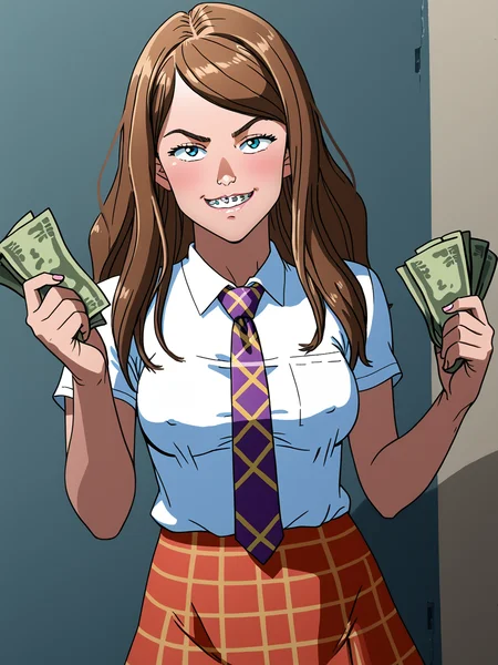 (solo), tammy, smug, holding money, counting money, dollar bills, white shirt, necktie, plaid skirt
<lora:tammy:0.9> <lora:School_Uniform:1>