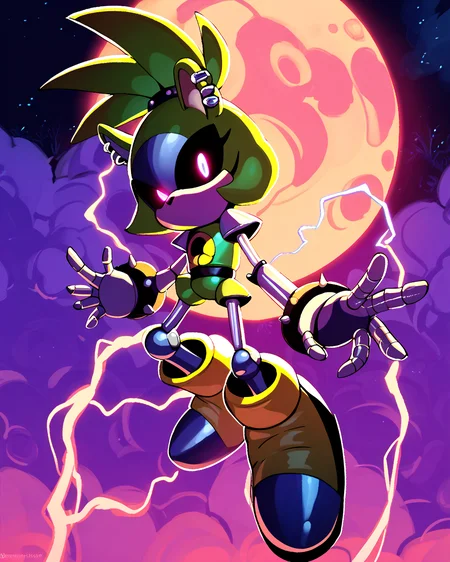 score_9, score_8_up, solo, Surge the tenrec, glowing eyes, black sclera, robot, metal skin, shiny skin, no mouth, outdoors, robot joints, night, dim lighting, horror theme, dark ambient, electricity manipulation <lora:Robotization_Pony:0.7>, score_9, score_8_up,