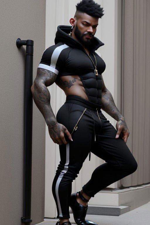 Gay Caucasian man, masculine, hairy, black colour rubber, tight tracksuit, high stiletto heels, chains,  tiny man, hold a gay flag, splitting legs