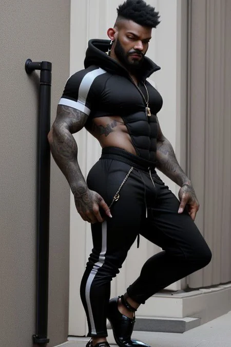 Gay Caucasian man, masculine, hairy, black colour rubber, tight tracksuit, high stiletto heels, chains, tiny man, hold a gay flag, splitting legs