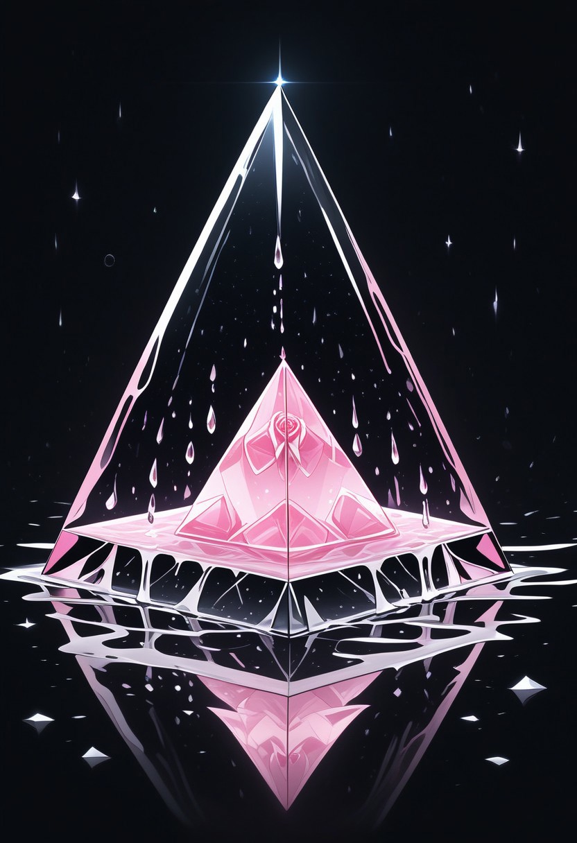 (masterpiece), best quality, Anime, Illustration, (Floating Pyramid, Crystal, Magic, Reflection, Melting, Dripping, Pink Rose), Black Background, No Humans, Starry Theme, (Light Refraction), White and Pink Theme, Natural Lighting, Verynsty