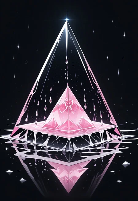 (masterpiece), best quality, Anime, Illustration, (Floating Pyramid, Crystal, Magic, Reflection, Melting, Dripping, Pink Rose), Black Background, No Humans, Starry Theme, (Light Refraction), White and Pink Theme, Natural Lighting, Verynsty