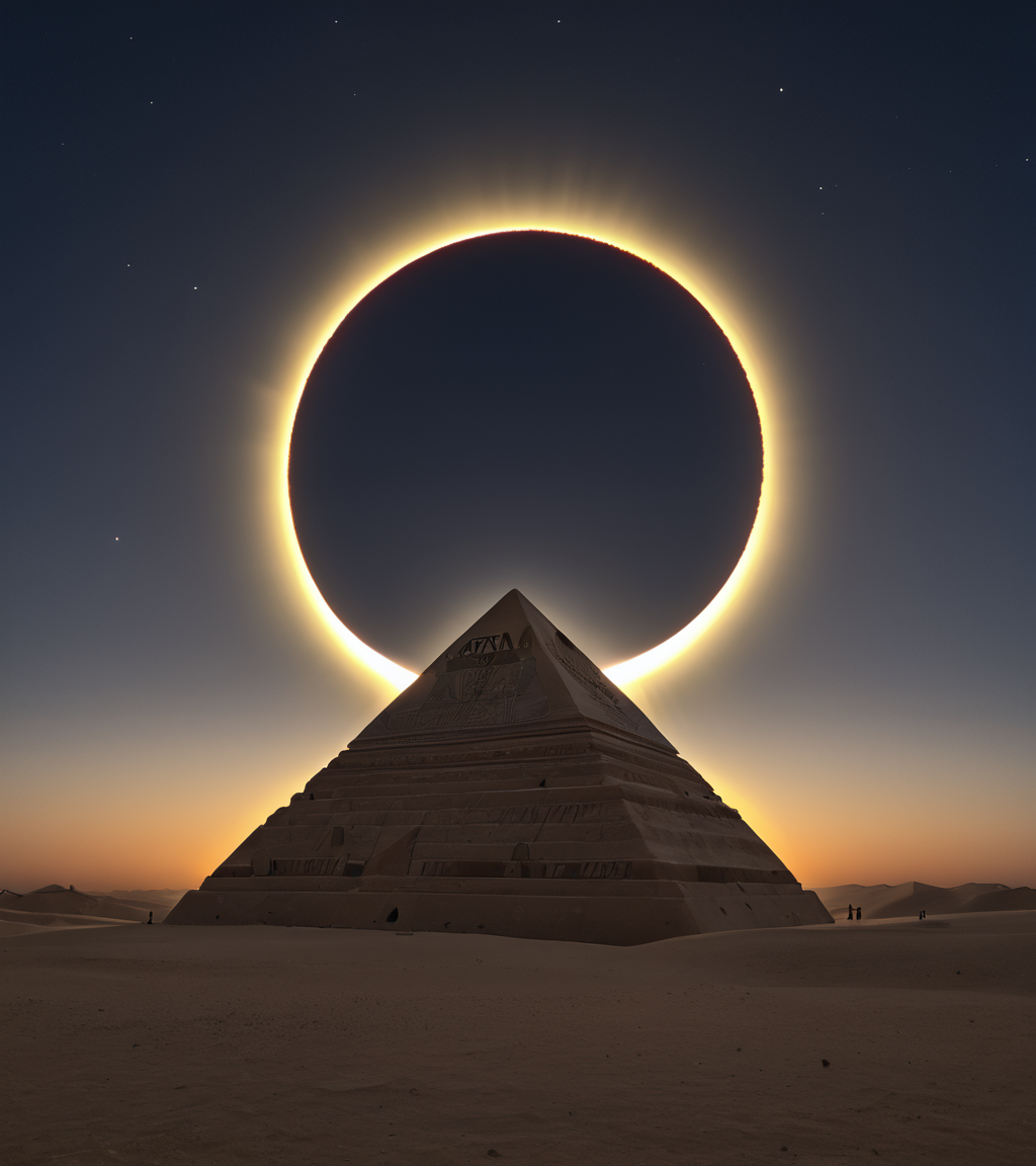 <lora:3cl1p53_02PN-000010:0.8>,(3cl1p53 style),a photograph of (3cl1p53 eclipse:1.2) (rising high in the sky above),a (Giza Pyramids in Egypt:1.4) at night,surrounded by bright solar corona,