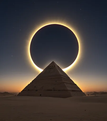 <lora:3cl1p53_02PN-000010:0.8>,(3cl1p53 style),a photograph of (3cl1p53 eclipse:1.2) (rising high in the sky above),a (Giza Pyramids in Egypt:1.4) at night,surrounded by bright solar corona,