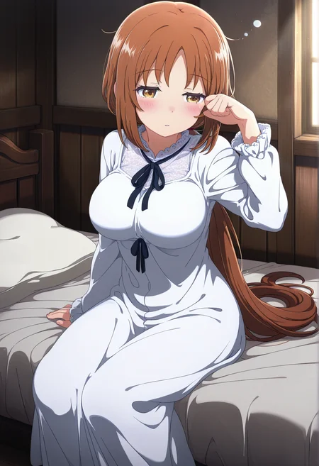 masterpiece, best quality,  absurdres, highres, cinematic light, 1girl, <lora:azalea:1> azalea_wz, very long hair, brown hair, brown eyes, low ponytail, large breasts,   white nightgown, neck ribbon, sitting, bed, indoors, room, wooden wall, sleepy, ogipote