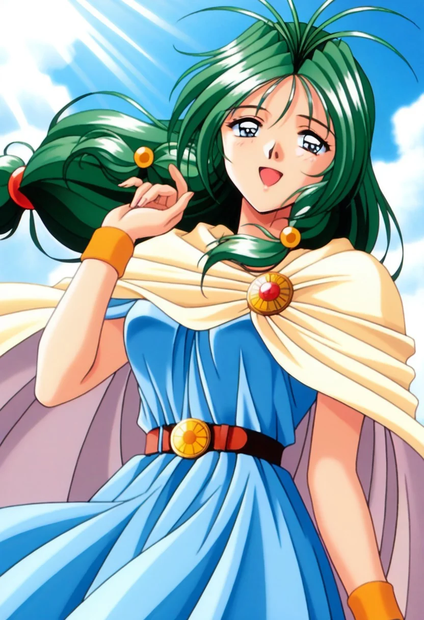 masterpiece, best quality, amazing quality, very aesthetic, high resolution, 1girl, cowboy shot, anime-style, digital art, high resolution, cute girl, smiling, sunlight, bright, clear sky, blue sky, clouds, daytime, outdoor, wind blowing her hair, dynamic pose, cheerful mood, light reflections, detailed background, high quality, beautiful, attractive, light rays, bright lighting, sky, joyful, happy, energetic, bright atmosphere, detailed shading, anime aesthetics, vibrant, lively, braid, jewelry, belt, cape, blue dress, wristband, retro artstyle, 1990s \(style\),
clairemm, blue eyes, green hair, antenna hair, long hair, low-tied long hair, hair bobbles, medium breasts, mature female,