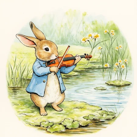 BPStyle, drawing, sole male rabbit plays the violin near pond. BPStyle, <lora:Beatrix_Potter_drawing_style_for_FLUX:1>