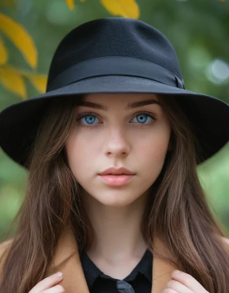 woman, close-up, blue eyes, leaf, concealed face, bangs, black hat, bokeh background, natural light, focused gaze, neutral expression, brunette, outdoors, mystery, portrait, shallow depth of field, eye contact, youthful, female, looking at camera, symmetry, clear skin, light brown hair, aesthetic, soft tones, Fujifilm XT3, Canon R5, Fujicolor Fujichrome Velvia 100