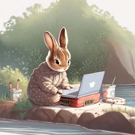 score_9, score_8_up, score_7_up, score_6_up, score_5_up, score_4_up, a cute rabbit sitting on a rock by the pool working on a laptop, in the style of Beatrix Potter, drawing