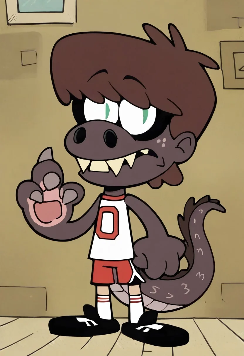 (score_9 | score_8_up | score_7_up) ((masterpiece:1))(best quality,very high quality,ultra detailed:1.2) (2D,cartoon style,anime style)(Smooth:2)(clean blurring) (four fingers on each hand,one thumb on each hand:1), Boy Lynn loud, solo, 1boy, Brown hair, thick Brown hair, round nose, freckles, red And white jersey shirt with a 0 on it, red And white shorts, white socks, black shoes purple mask, mask of the beast, transformation, cross between a donkey a badger and a lizard, teeth, sharp teeth, green eyes, 50% transformation, nose with big holes, buck teeth, dark purple fur, lizardlike tail, paws with claws, green eyes, vertical slit pupil