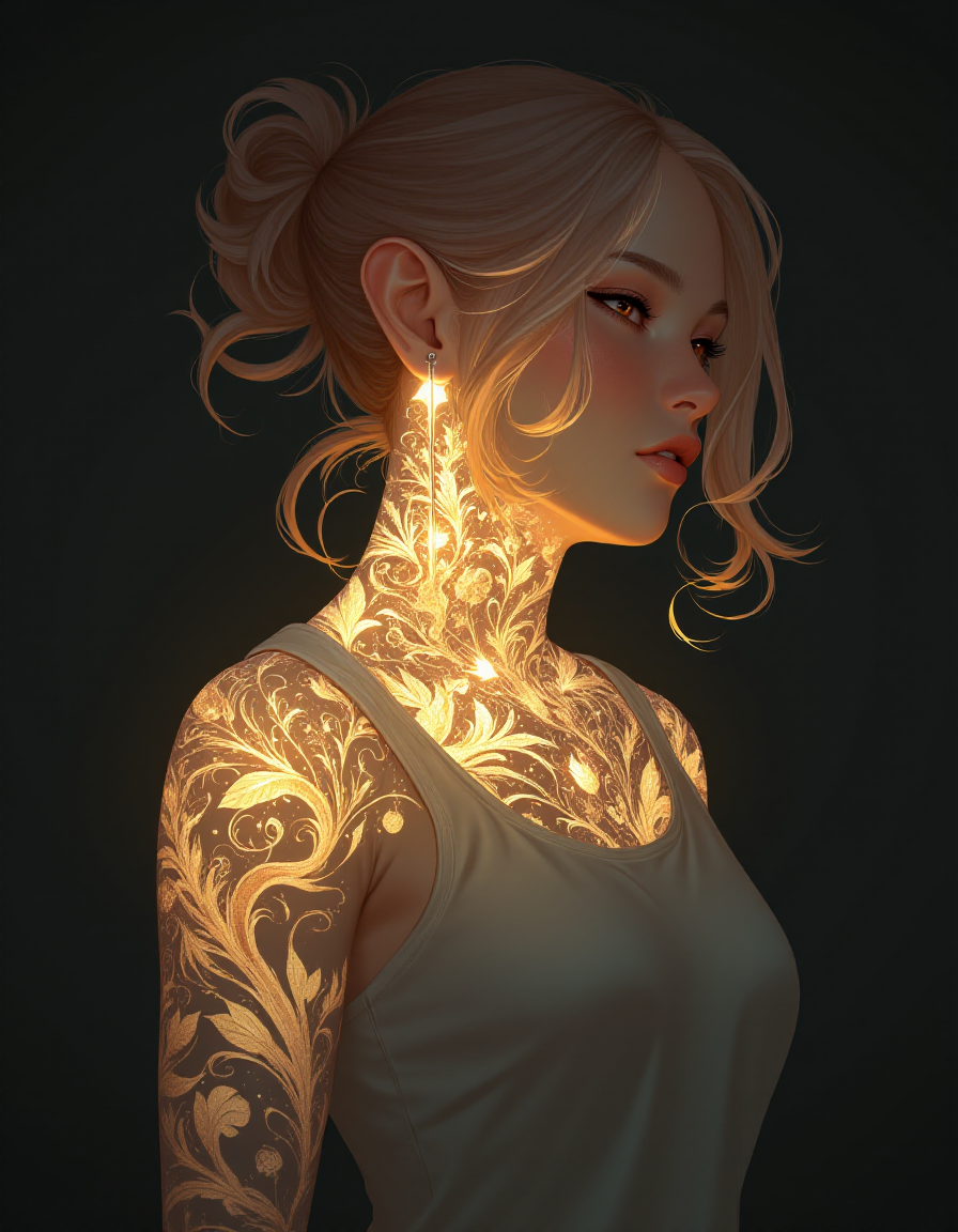 A beautiful elf with golden glowing tattoos of a forest on her body <lora:BioInk2FLUX:1>