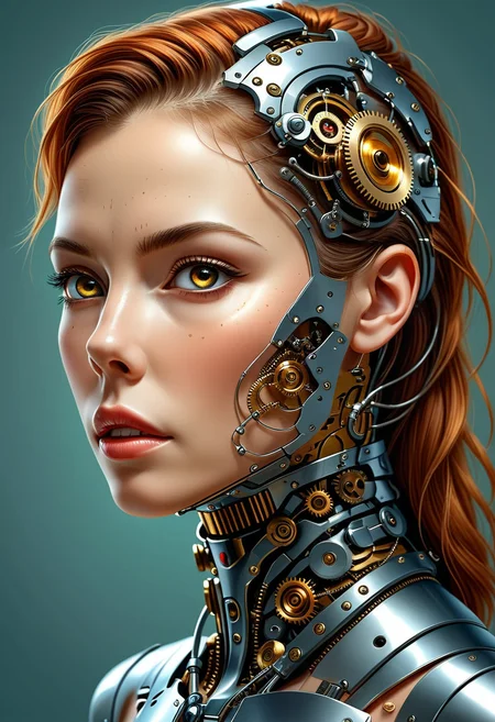 best quality,masterpiece,highly detailed,ultra-detailed,
This is a high-quality digital painting of a young woman with intricate mechanical elements integrated into her neck and face. The artwork features realistic textures and shading, with detailed attention to the woman's smooth skin and the metallic, gear-like components. The image is rendered in grayscale, highlighting the contrast between the soft human features and the hard, mechanical elements. The woman has a calm expression, with large, almond-shaped eyes and full lips, her hair is pulled back, revealing her neck and the elaborate mechanical design. The composition uses the rule of thirds, positioning her face slightly off-center, which draws the viewer's eye to her expressive eyes. The lighting is soft, creating subtle shadows that enhance the three-dimensional effect of her skin and the mechanical parts. There is no watermark or JPEG artifacts present, indicating a high-resolution digital medium. The aesthetic quality of the image is very high, showcasing advanced digital artistry. etail and a polished finish. There are no visible JPEG artifacts.