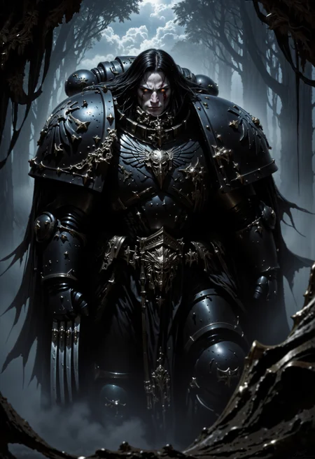 detailed renaissance oil painting, masterpiece, FredFraiStyle, A RavenG40k Space Marine with long, jet-black hair flows down his back, framing his pale, sharp features. His eyes are intense, dark and calculating, holding the steely gaze of a silent hunter. Armor painted in deep, matte black gleams dully under the shadowed forest canopy, with raven-wing emblems etched subtly onto his shoulders. He has power claws, his stance poised and predatory. Around him, the dense, misty woods serve as his natural camouflage, blending seamlessly with his silent approach. His face carries the mark of countless battles—a warrior perfectly attuned to the shadows. In the dim light, he appears as a ghostly figure, embodying the silent lethality and eerie grace of the Raven Guard, directional lighting, masterpiece, perfect composition, perfect hands, cowboy shot, <lora:FluxRavenG40k:0.9> <lora:FluxMythP0rtr4itStyle:0.6> mythp0rt, <lora:dark_fantasy_flux:1> <lora:FredFraiStyle-FLUX-Share:1>