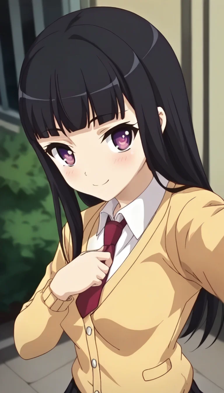score_9,score_8_up,score_7_up,score_6_up BREAK official art,solo,outdoors,upper body,(portrait:1.5),looking at viewer,facing viewer,smile,blush,(petite:1.5),Umi,long hair,black hair,sidelocks,blunt bangs,purple eyes,school uniform,yellow cardigan,red necktie,white shirt,collared shirt,long sleeves,medium breasts,microskirt,pleated skirt,black skirt,zettai ryouiki,black thighhighs,loafers,<lora:Umi(isyesiky)-Pony:1.5>,
