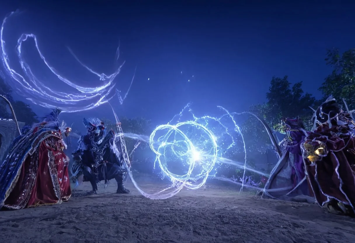 masterpiece, best quality, newest, absurdres, highres, thunderboltfantasy, hIghly detailed photograph, puppet, special effects, fighting, outside, night, perspective wide shot, magic circle, glowing lines,
