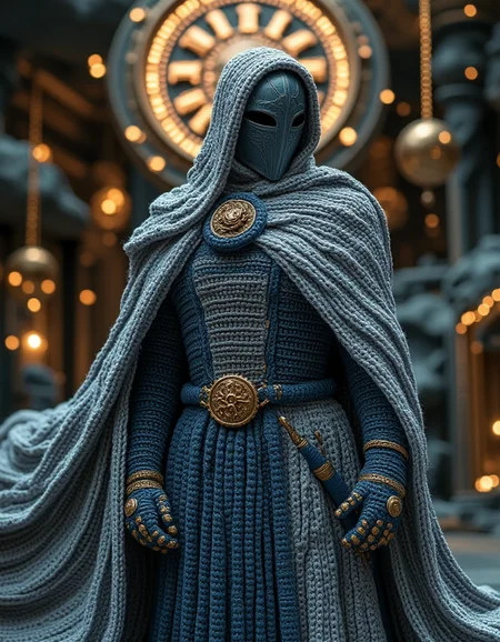 A time traveler cloaked in intricate crocheted garments in the ral-kntarmr style, designed with swirling patterns that resemble the flow of time. The colors shift between shimmering silver, deep cobalt, and golden bronze, with the fabric seeming to ripple with energy. Their crocheted gauntlets feature glowing hourglass symbols, and their belt holds tiny crocheted gears and cogs. They stand in a cosmic nexus where threads of glowing light stretch infinitely in all directions, connecting floating, clock-like mechanisms and ancient, crocheted relics that seem suspended in time
<lora:ral-kntarmr-flux-000007:1>