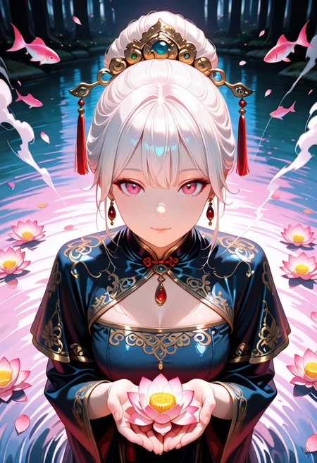 masterpiece, best quality, very aesthetic, absurdres, stylized, newest, depth of field, HDR, high contrast, sharp focus, 8k resolution, digital art, anime style, vibrant colors, photorealistic, smooth gradients, fantasy art style, cinematic lighting, mystical aura, art nouveau inspired, (soft lighting:1.2), (lighting from above:1.2), (scenery), (detailed background design), Anime girl, 1girl, solo (ethnicity:1.2), (detailed clothing:1.2), (accessories:1.1), (facial features:1.3), (expression:1.2),  (body type:1.1), (pose:1.2),  wearing ornate traditional Chinese attire, dark navy blue and crimson red, with intricate gold embroidery, (detailed hair:1.2),  with silver-white hair styled in elaborate updo, (jewelry:1.1) adorned with jewels and gems,  finger on lips in a contemplative pose, centered in the image, looking at viewer, seated, with serene expression, in front of a pond, a blooming lotus flower (detailed petals:1.1) in soft pastel pink and white, (water reflections:1.1), dark background with floating fish,  (water surface:1.2), beautiful digital painting, fantasy style, vibrant colors,  (lighting:1.2), soft lighting, photorealistic style,  (atmospheric details:1.2), subtle smoke and mist, high detail, 8k resolution.