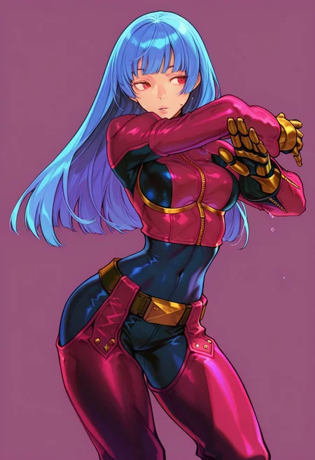 masterpiece, best quality, very aesthetic, absurdres,
1girl, cowboy_shot, solo, vanillaware,
breasts, revealing clothes, (masterpiece),(best quality),(ultra-detailed),(best illustration),(best shadow),(absurdres),(detailed background),(very aesthetic)
,
NishimuraXL,
,wet,sweat drop, kula diamond, 1girl, solo, long hair, blue hair, gloves, breasts, zipper, red eyes, bangs, chaps, red lavender bodysuit, gloves, gold gloves, mechanical gloves,belt, covered navel, simple background, full body, shade, dynamic pose