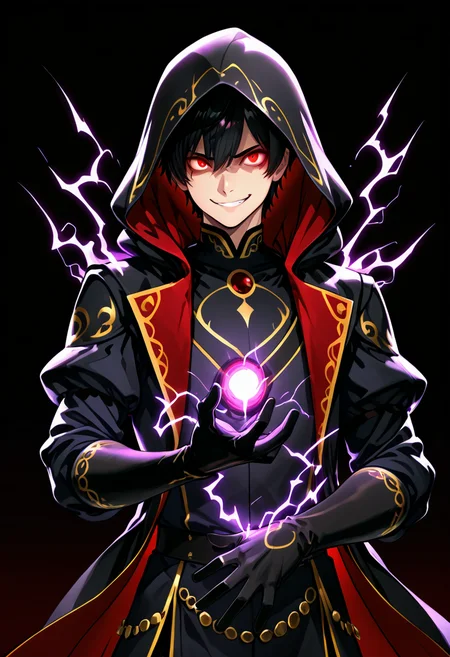 masterpiece, best quality,   zzShadowMagic, solo, looking at viewer, smile, simple background, black hair, red eyes, gloves, 1boy, male focus, black gloves, hood, black background, hood up, evil smile, weapon, electricity  ,<lora:ShadowMagic_NAI:1.0>,