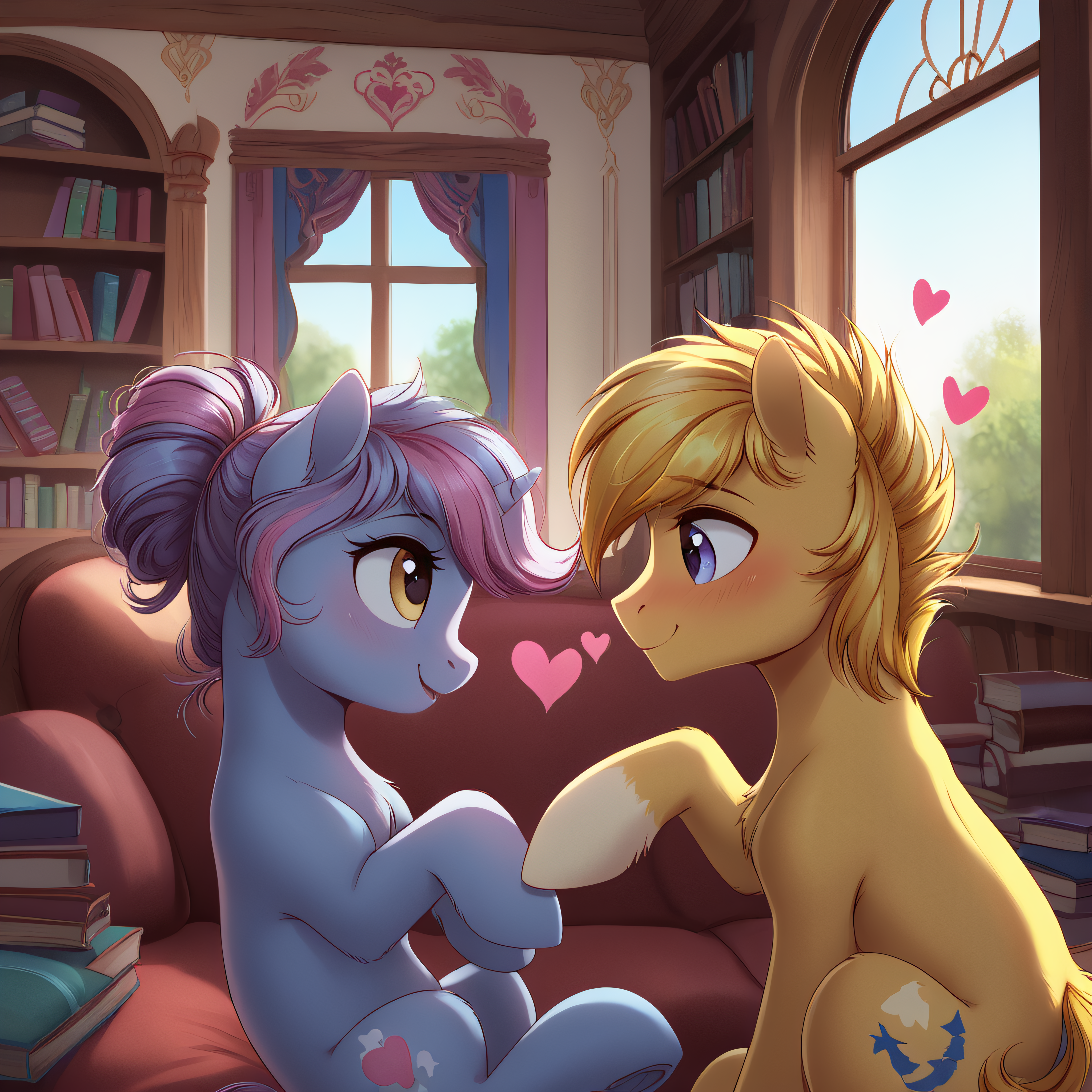 a pink unicorn mare with blue mane and yellow eyes, looking right, bedroom eyes, open mouth, female, a blue pegasus stallion with yellow mane, purple eyes, feathered wings, looking left, looking down, blushing, (male:1.3), a unicorn and a pegasus, cute, looking at each other, hearts, nuzzling, fantasy living room, books, sofa, window, romantic