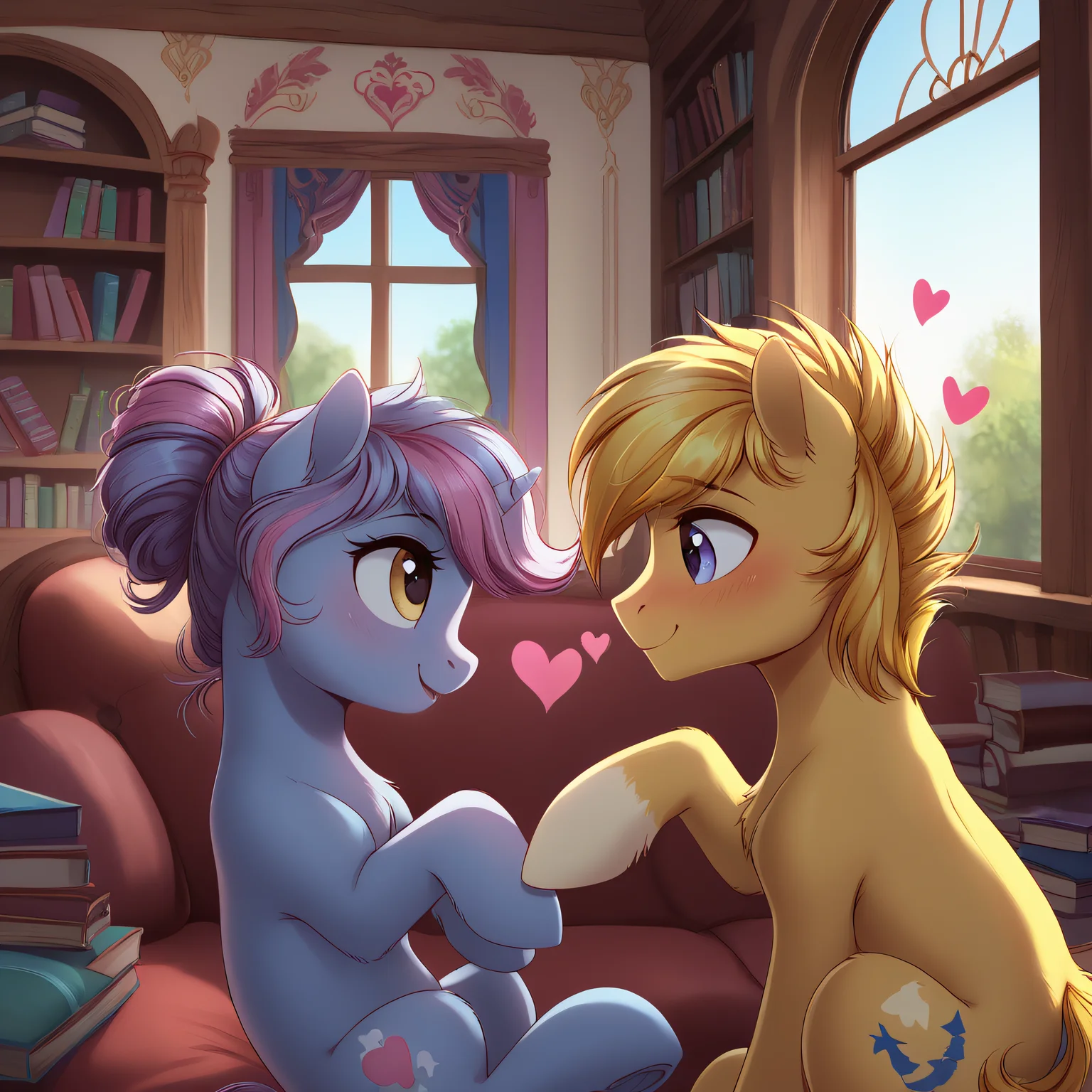 a pink unicorn mare with blue mane and yellow eyes, looking right, bedroom eyes, open mouth, female, a blue pegasus stallion with yellow mane, purple eyes, feathered wings, looking left, looking down, blushing, (male:1.3), a unicorn and a pegasus, cute, looking at each other, hearts, nuzzling, fantasy living room, books, sofa, window, romantic