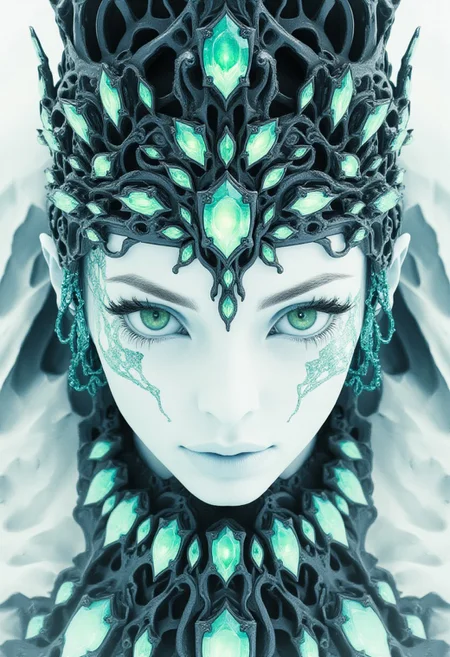 A highly stylized, hyper-realistic portrait of a pale-skinned chrome texture woman with an emotionless, stoic expression as she gazes intensely into the viewer’s eyes. Atop her head rests a symmetrical crown of sleek black metal, adorned with vibrant green diamonds arranged in a flawless, geometric pattern. The crown gleams under soft, focused light, casting vivid reflections that accentuate the sharp, sculpted angles of her face.
Around her neck lies a matching black jewel necklace, encrusted with emerald-green diamonds that shimmer boldly against her porcelain skin, their vivid color creating a stunning visual contrast. A delicate face ornament, known as the 'emerald cascade,' drapes across her face in fine black chains, each adorned with tiny, radiant green diamonds.
The chains trace symmetrical lines over her forehead and cheeks, enhancing the contours of her face while adding an aura of regal mystery. The interplay of soft lighting and high-contrast shadows creates a surreal glow around her, highlighting the opulence of the jewels and the unwavering intensity of her gaze.